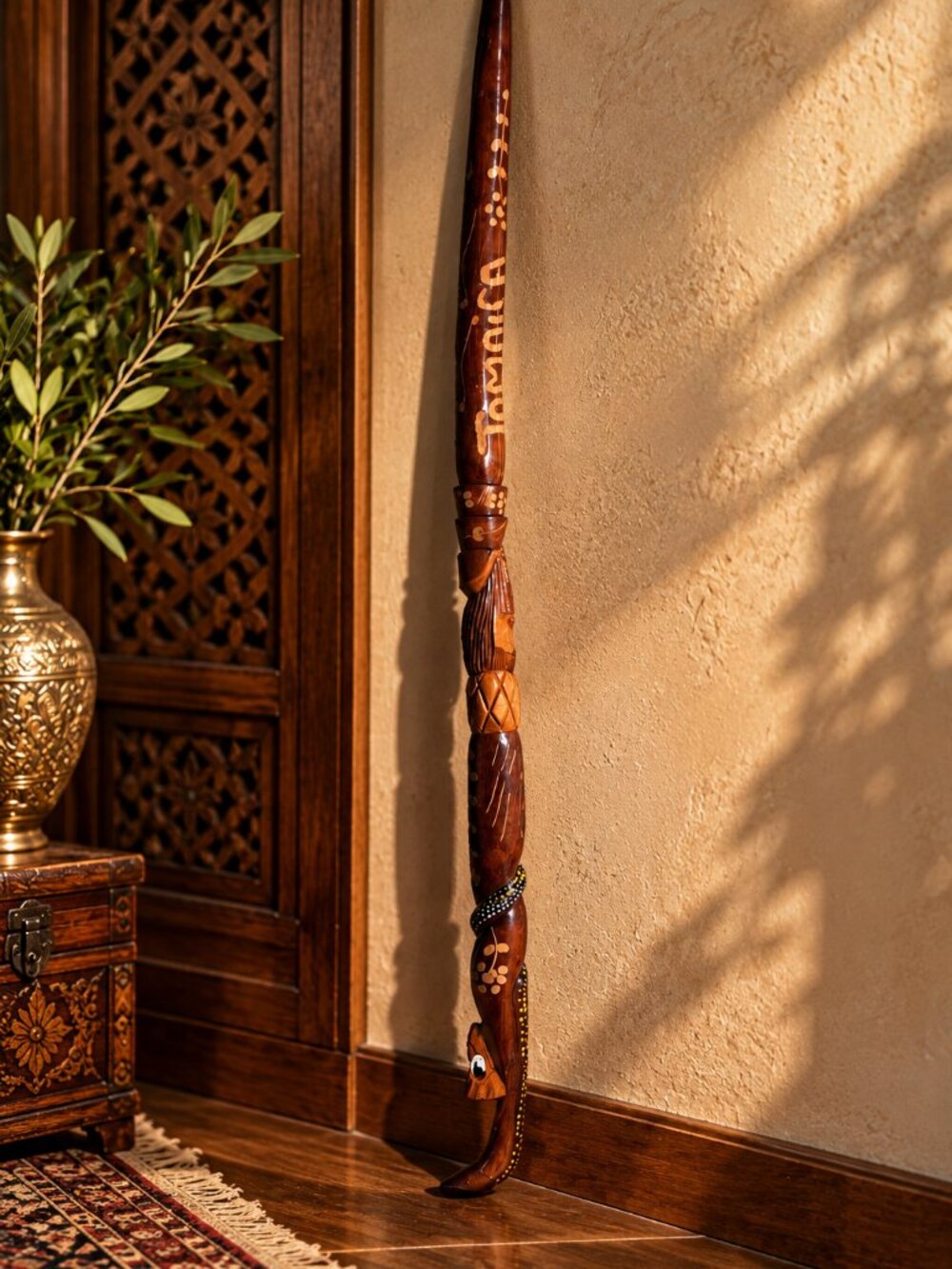 Vintage Jamaican Carved Wooden Walking Stick Snake Folk Art 47”